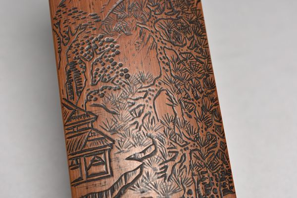 古竹彫 山水家屋人物文 茶合 箱付 】 煎茶道具 竹工芸 茶器 茶量 仙媒