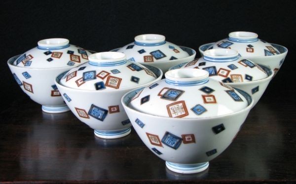 古伊万里 染錦 蓋物6客 幕末～明治/20a112 古伊万里 染錦 蓋茶碗 -
