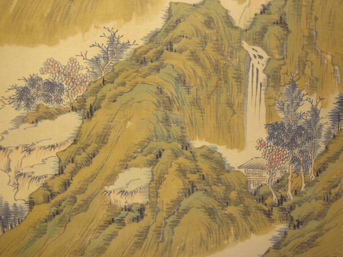 鑑定 大分南画家・【田能村直入】 青緑秋景山水図 掛軸 豊後・田能村
