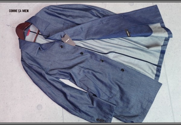 新品コムサメン 春先 岡山デニム シャイニー デニム ウール コートL紺 定価4.6万円/COMME CA MEN
