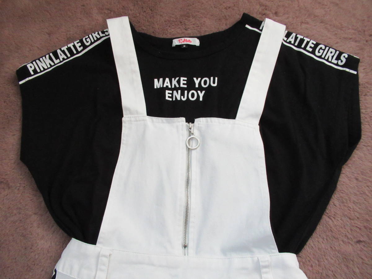 ピンクラテ 白 サロペットスカート & 黒 Tシャツ セット M 165