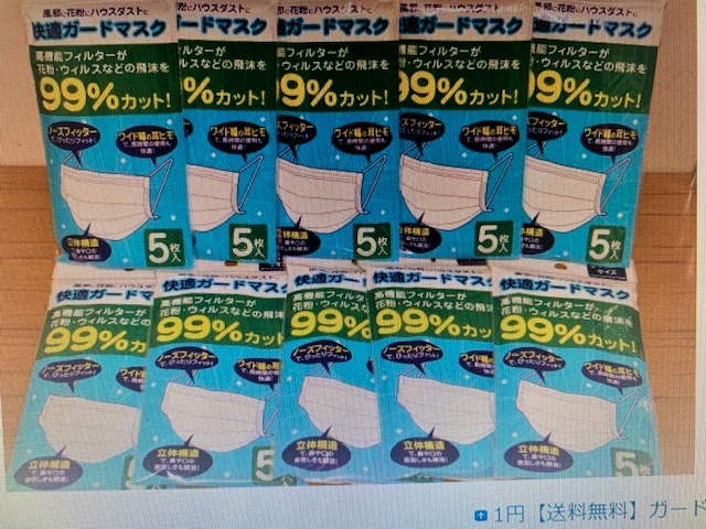 ガードマスク50枚　サージカル 新型コロナウイルス対策　99％カット（5枚×10箱）セット　17.5×9.5cm　新品未開封 花粉
