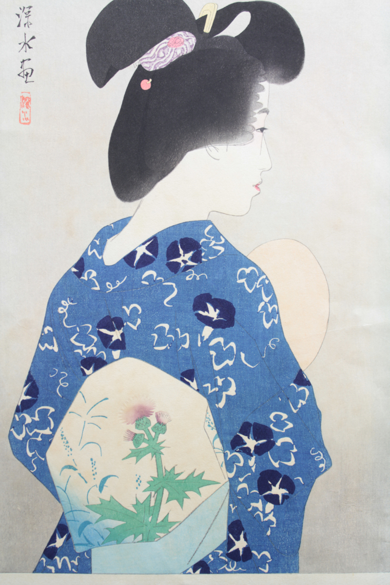 美人画の巨匠】☆伊東深水☆ 「涼み」 木版画 大正14年6月作【人物画