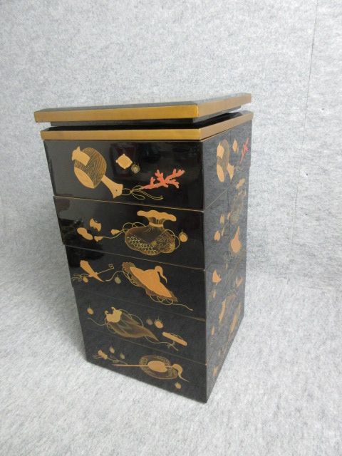 蒔絵 平安風図絵 五段重箱 漆芸 木製 - 金蒔絵 黒漆 Yahoo!オークション