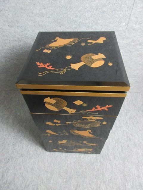 蒔絵 平安風図絵 五段重箱 漆芸 木製 - 金蒔絵 黒漆 Yahoo!オークション