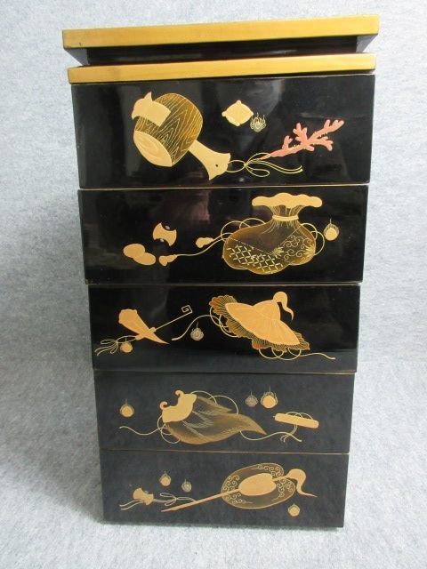 蒔絵 平安風図絵 五段重箱 漆芸 木製 - 金蒔絵 黒漆 Yahoo!オークション
