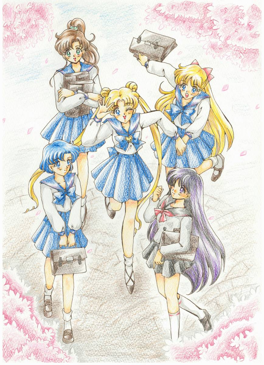 同人手描きイラスト 美少女戦士セーラームーン ５人集合 春 制服 月野うさぎ他 手描きイラスト 売買されたオークション情報 Yahooの商品情報をアーカイブ公開 オークファン Aucfan Com