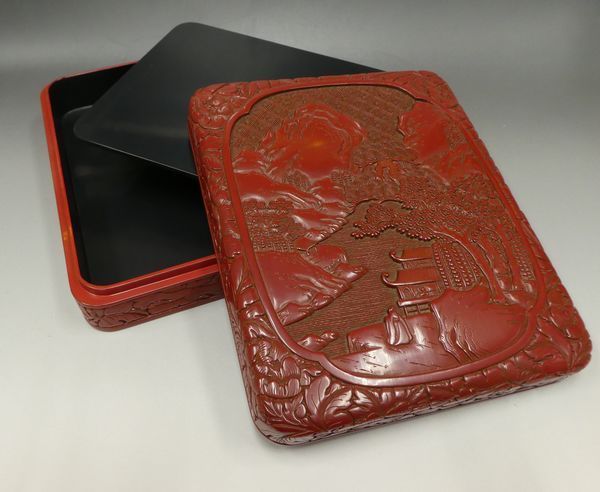 美術品・アンティーク・コレクション 村上堆朱の 硯箱(山水の図)
