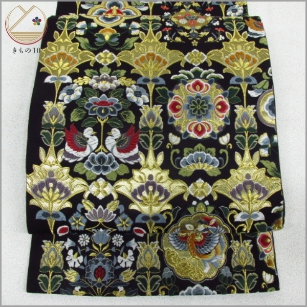 ★着物10★ 1円 逸品!! 絹 袋帯 引箔 鳳凰 向い鳥 更紗 花唐草 草花 六通柄 長さ436cm [同梱可] ☆☆☆☆☆