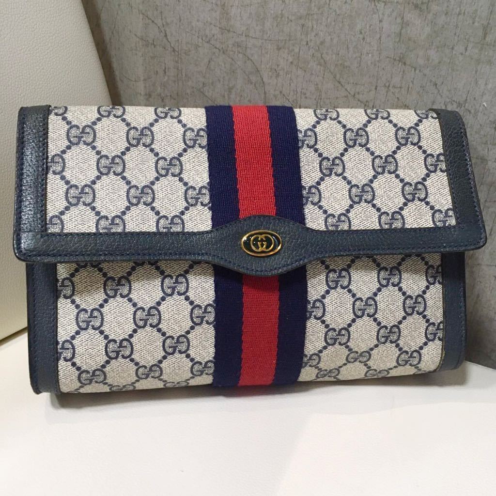 オールドグッチ シェリーライン GG クラッチバッグ セカンド ネイビー 大人気】GUCCI オールドグッチ シェリーライン GG柄 クラッチバッグ