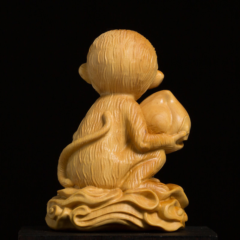 猴子抱桃 東洋彫刻 天然木・置物・柘植製高級木彫り・細密彫刻・総高