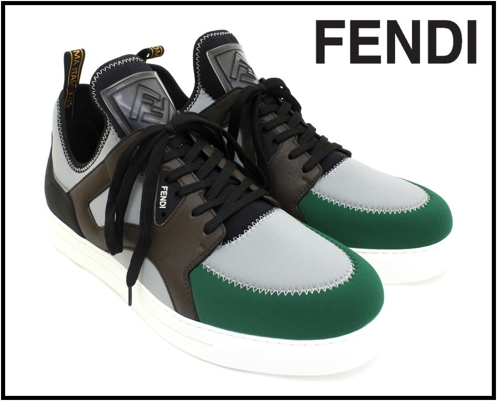 11万新品◇7=26㎝◇FENDIフェンディ 茶緑灰スリッポンスニーカー1円