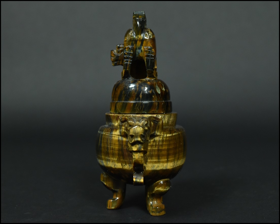 中国美術 唐物 虎目石【タイガーアイ】獅子摘耳付三足香炉 唐木台 古