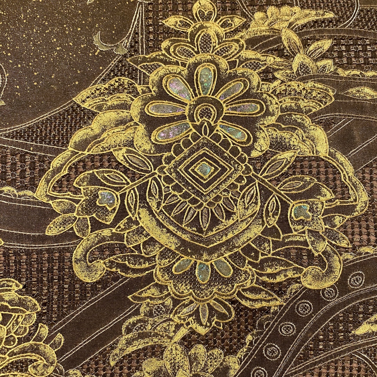 袋帯 美品 名品 華文 唐草 汕頭刺繍 螺鈿 茶色 お太鼓柄 正絹 【中古 袋帯 美品 名品 華文 唐草 汕頭刺繍 螺鈿 茶色 お太鼓柄 正絹 【中古