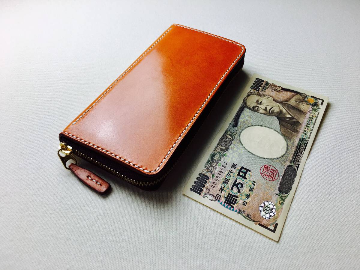 長財布 ラウンドファスナー 公式通販 手縫ラウンドジップキャメル色本 