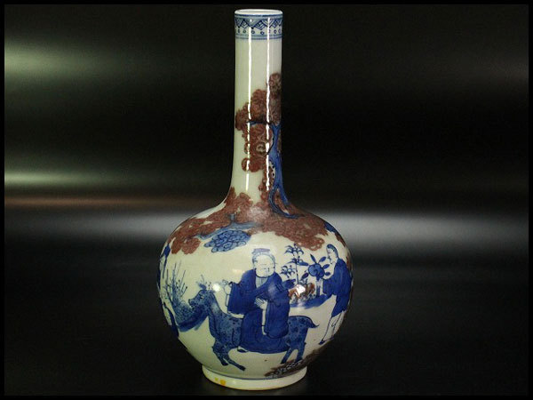 金閣】中国美術 青花 釉裏紅 人物故事紋 天球瓶 高24.3cm 旧家蔵出