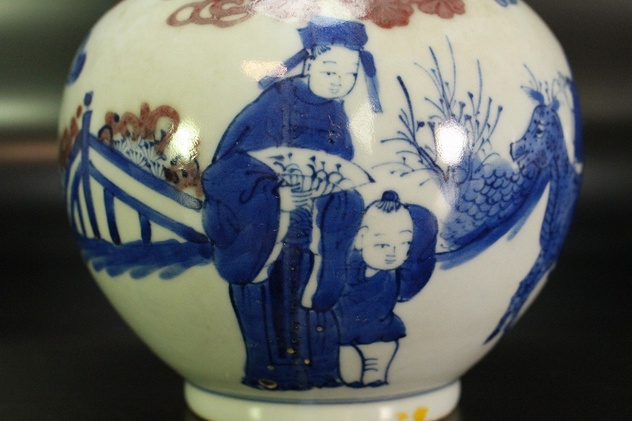 金閣】中国美術 青花 釉裏紅 人物故事紋 天球瓶 高24.3cm 旧家蔵出