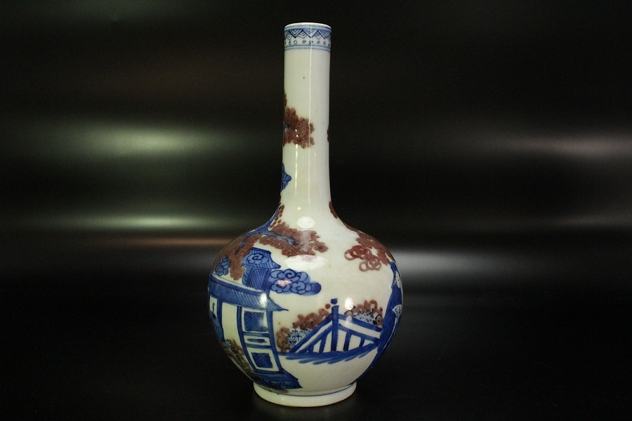 金閣】中国美術 青花 釉裏紅 人物故事紋 天球瓶 高24.3cm 旧家蔵出