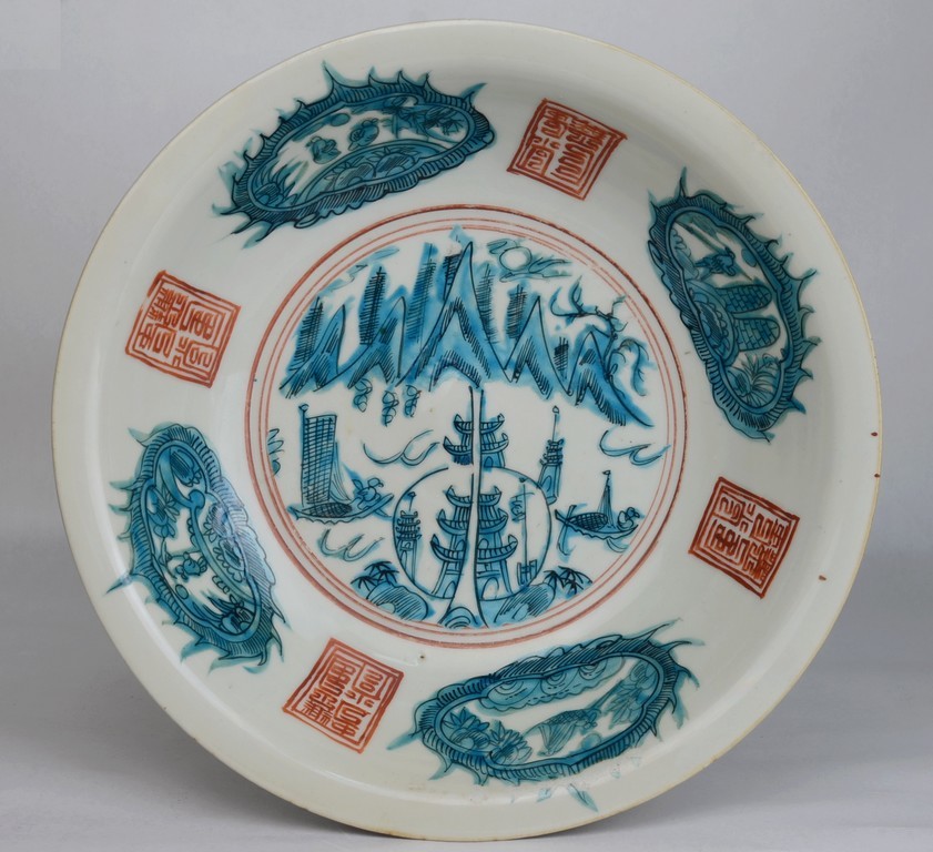 古い赤絵 ペンチロン皿 古箱付け 唐物 中国 ◇ 呉須赤絵 山水文 大鉢 皿 明末清初 仙郷◇ 中国古玩