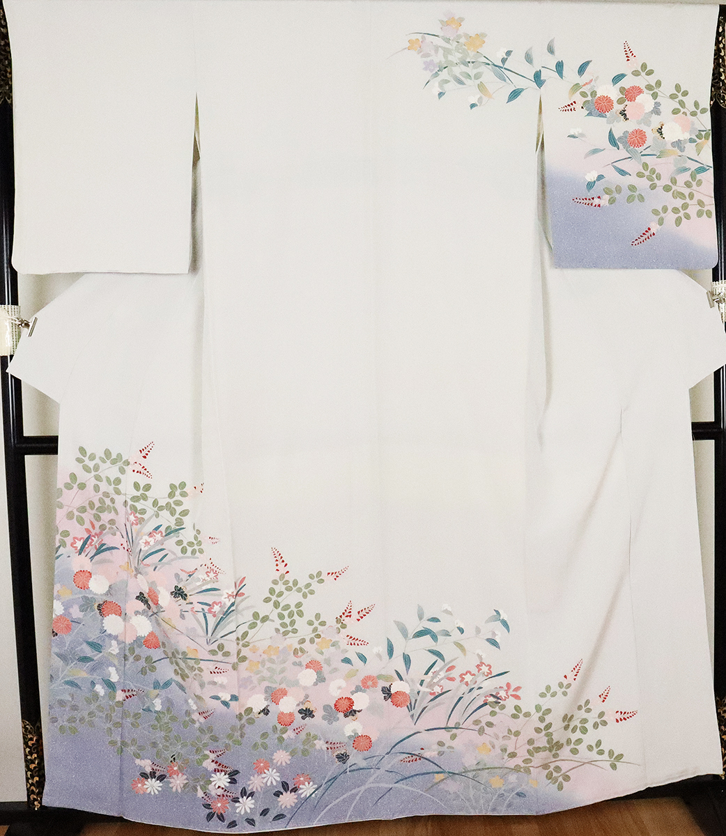 訪問着 正絹 美品 黄緑 菊 花柄 抹茶 白 0 | kimono 型