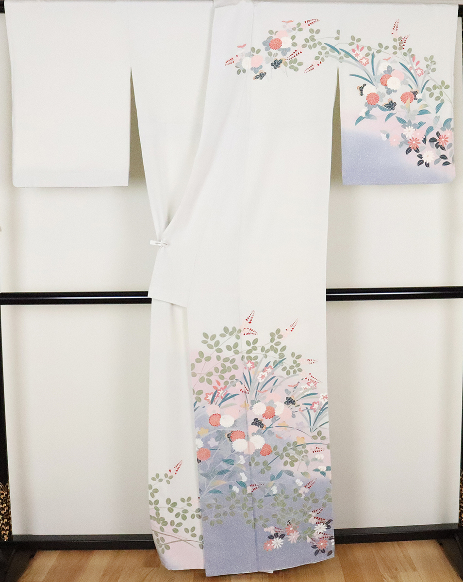 訪問着 正絹 美品 黄緑 菊 花柄 抹茶 白 0 | kimono 型