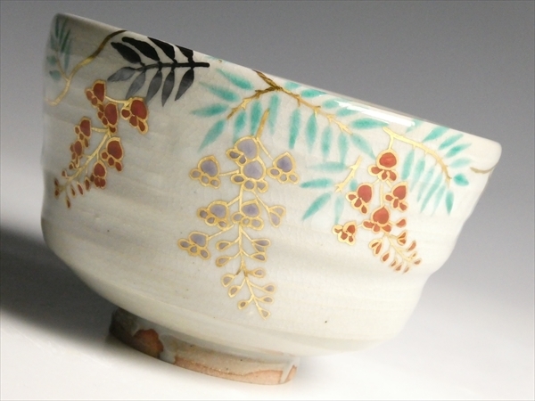 N571 田中寿宝 造 金彩 色絵 藤文 茶碗 共箱 茶道具 茶道具 - 道具 色絵葉