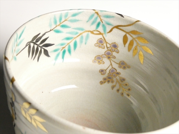 N571 田中寿宝 造 金彩 色絵 藤文 茶碗 共箱 茶道具 茶道具 - 道具 色絵葉