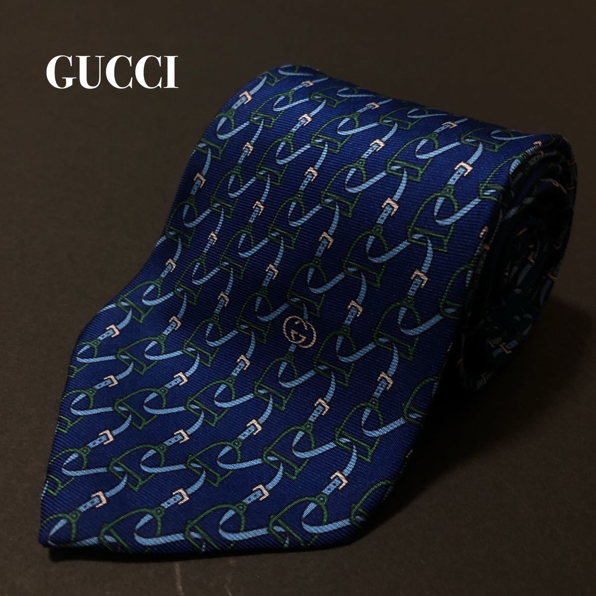 美品】GUCCI グッチ チェーン柄 鎖柄 GG柄 ネイビー ブルー イタリア製