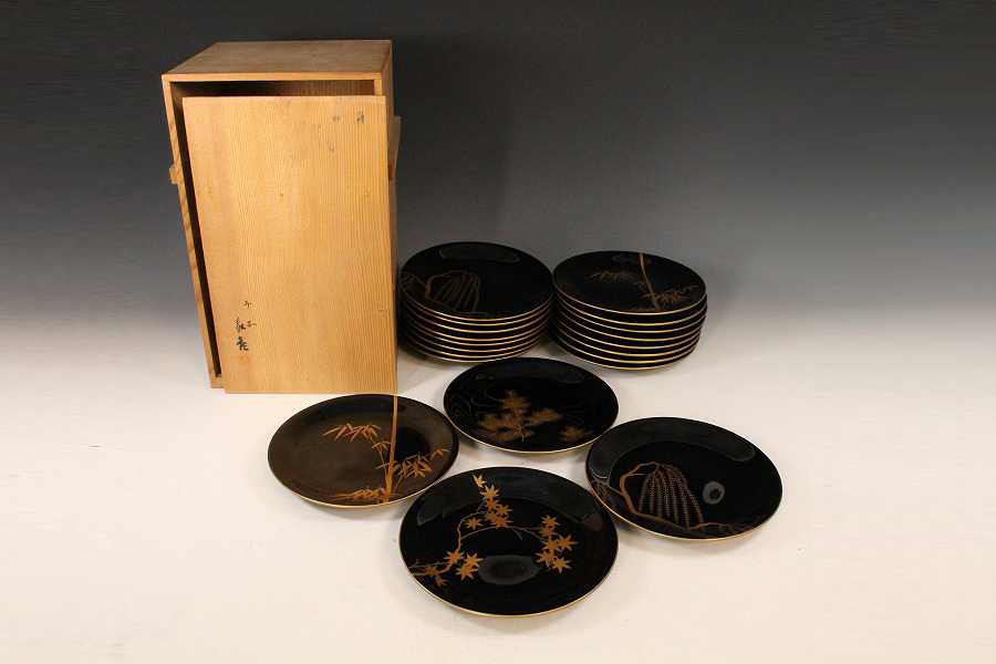吸物椀 高級漆器 時代 平蒔絵 菊唐草文 15客 懐石料理道具 木製 -平安