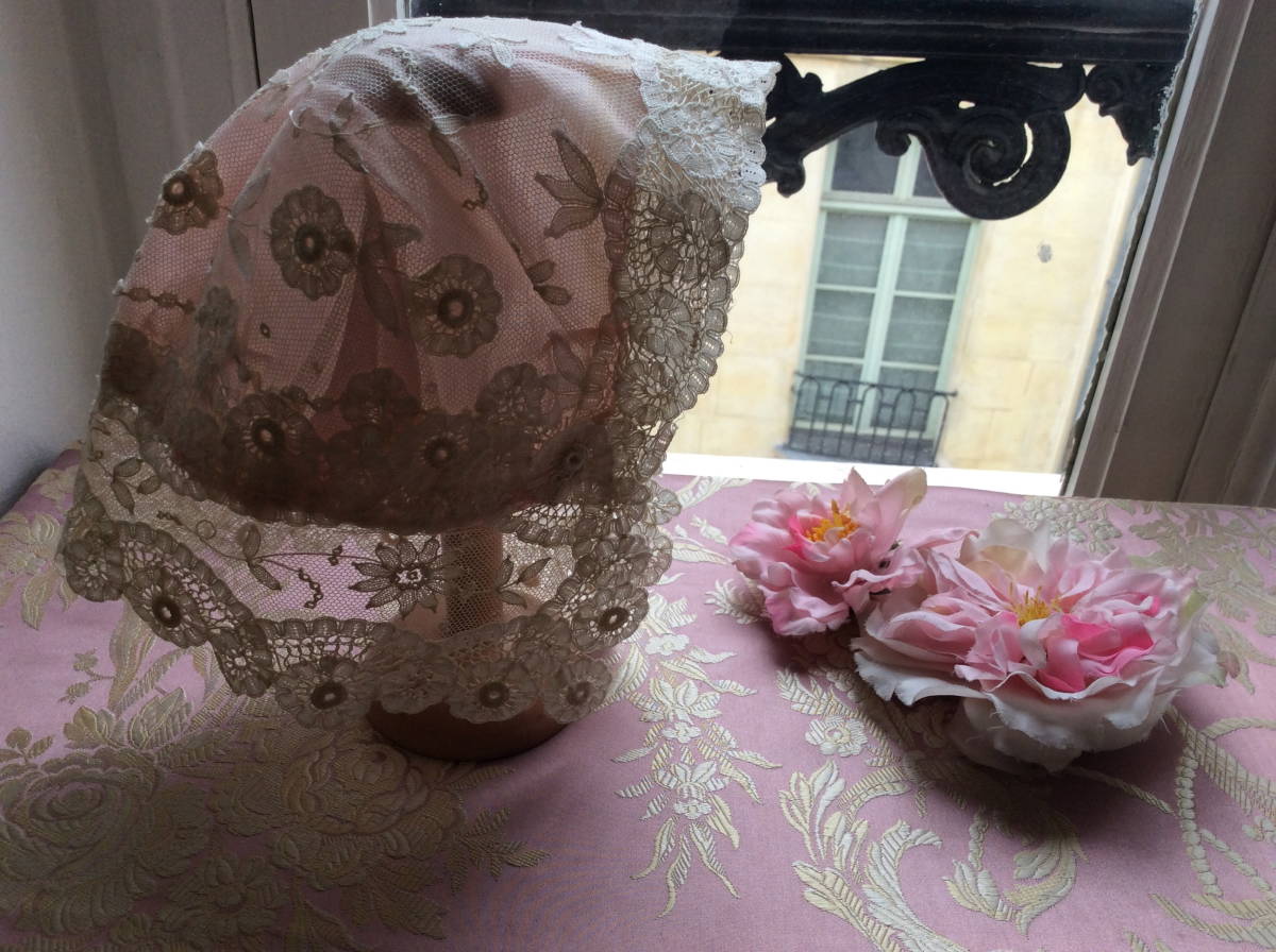 フランス ボネ アンティーク 手刺繡 ヴィンテージ 美しいボネ 大きめ 