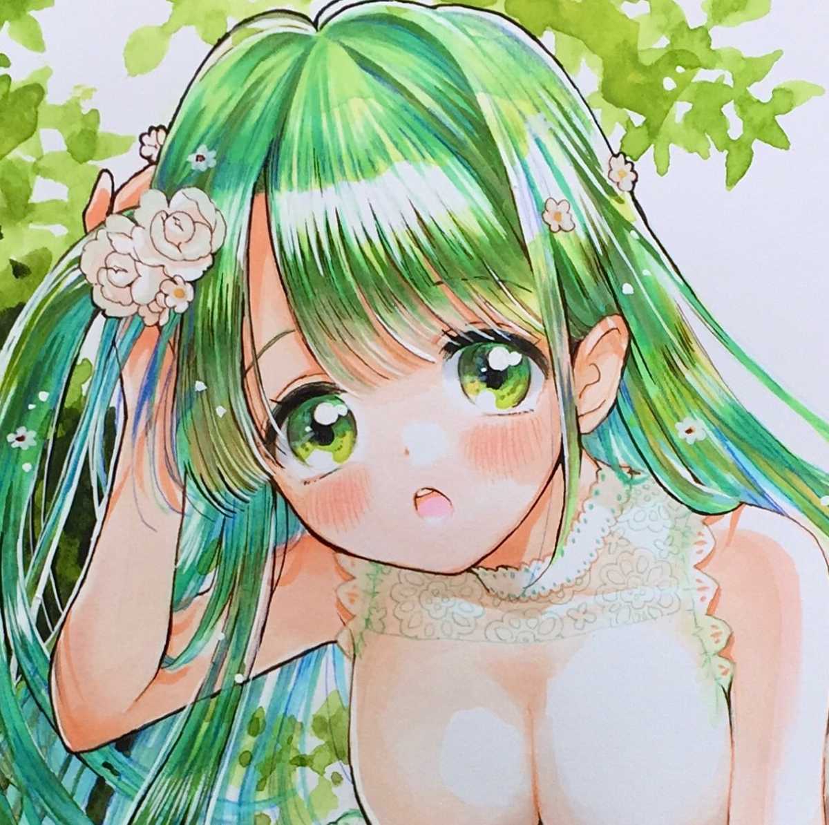 手描きイラスト【オリジナル】緑髪の女の子(手描きイラスト)｜売買され 