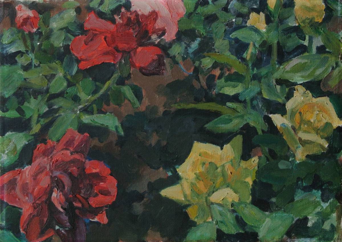 富樫正雄 油彩F4号『ばら』1965年】北海道画家 小樽 額縁 薔薇 検