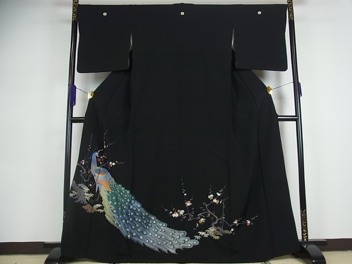 逸品 正絹 駒刺繍 金糸 平和屋着物□豪華黒留袖 尾長鳥霞文 金彩 平和 