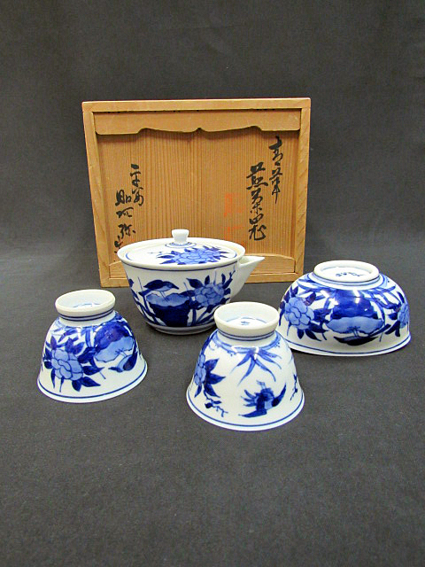 青華煎茶器 平安昭阿弥造 急須 湯冷まし 湯呑2客 共箱 蔵出し品