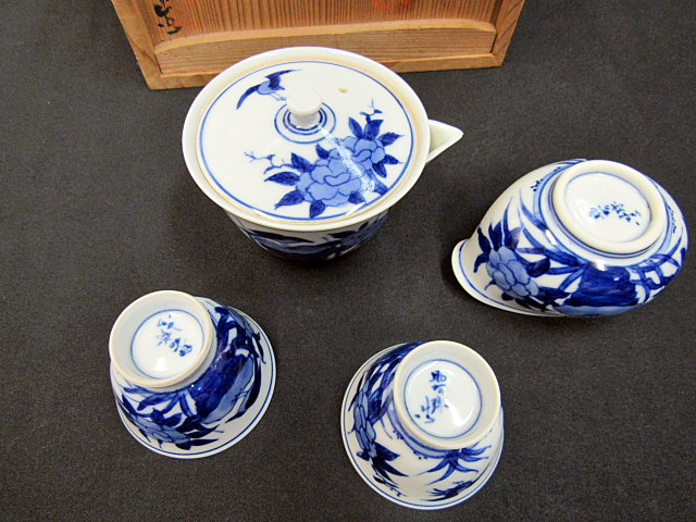青華煎茶器 平安昭阿弥造 急須 湯冷まし 湯呑2客 共箱 蔵出し品