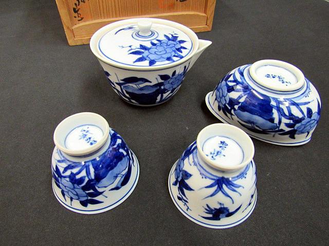 青華煎茶器 平安昭阿弥造 急須 湯冷まし 湯呑2客 共箱 蔵出し品