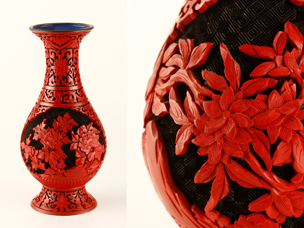 堆朱 漆彫り花瓶 中国美術 彫刻花瓶 彫漆花瓶（花の彫刻） 【流】中国