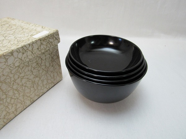 O210014【 古い 漆器 四つ椀 応量器 四客一組 紙箱 】 検) 木製 小丸椀