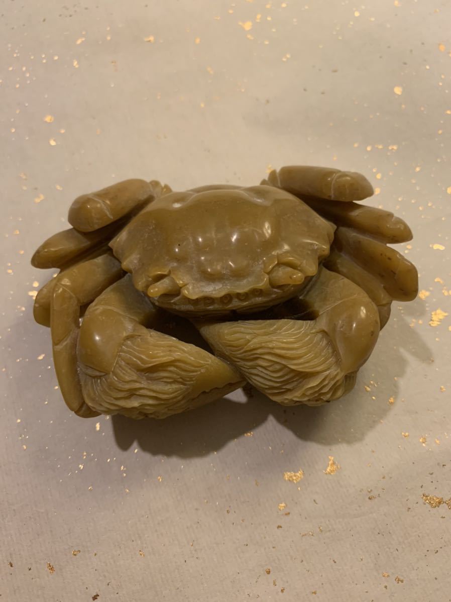 中国古玩 田黄石 彫刻 カニ 置き物 骨董品 寿山石 重さ251g 中国 玉石