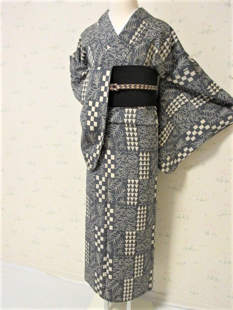 小紋 正絹 身丈157.5cm M 裄丈65.5cm 縦縞 紺色 薄物 袷 秀品 秀品