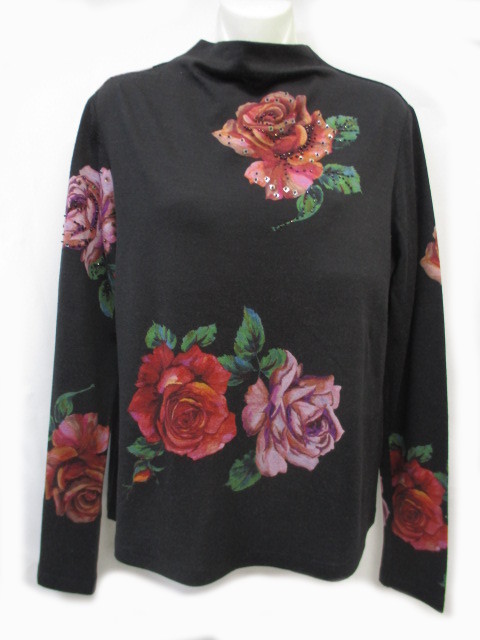 nonnon dorl・ムッシュ榊★長袖カットソー・大輪のバラ柄・胸元右袖の花にビーズビジュー付き★se2542