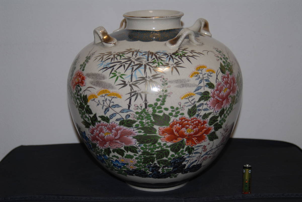 ☆希少レア☆薩摩焼☆秀峰作☆陶器☆色絵金彩模様☆四耳☆花瓶☆大壷