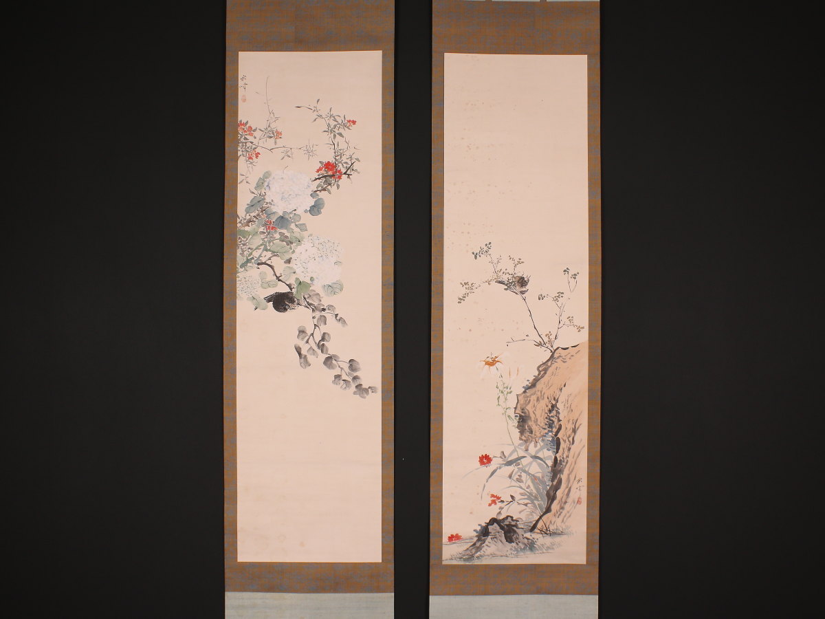 【模写】【伝来】az4095〈岡本秋暉〉双幅 花鳥図 二重箱 渡辺崋山門下 江戸の人