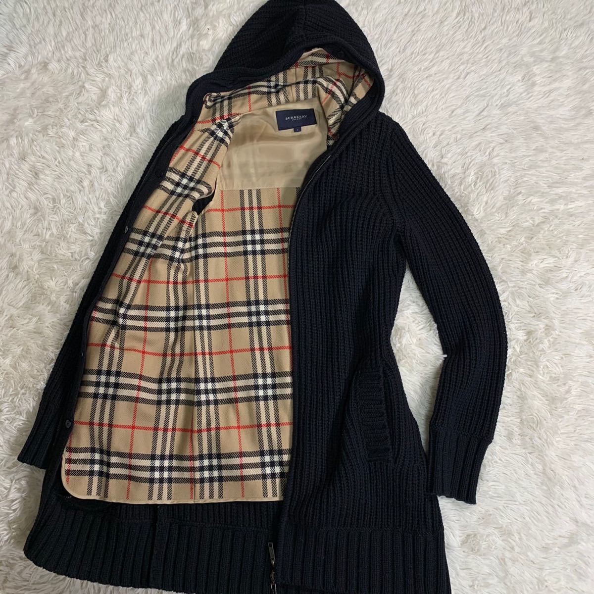 美品 バーバリー ロンドンン ライナー付 ニット コート ノバチェック M 