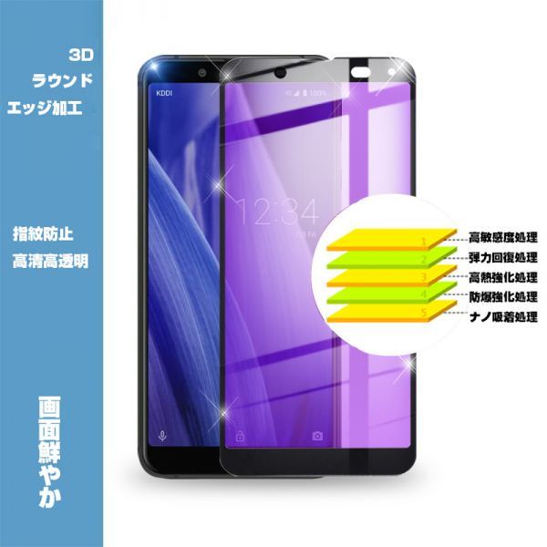 AQUOS sense3 basic 強化ガラスフィルム ブルーライトカット au SHV48 液晶保護 全面保護シール 3D ソフトフレーム ガラスカバー_5