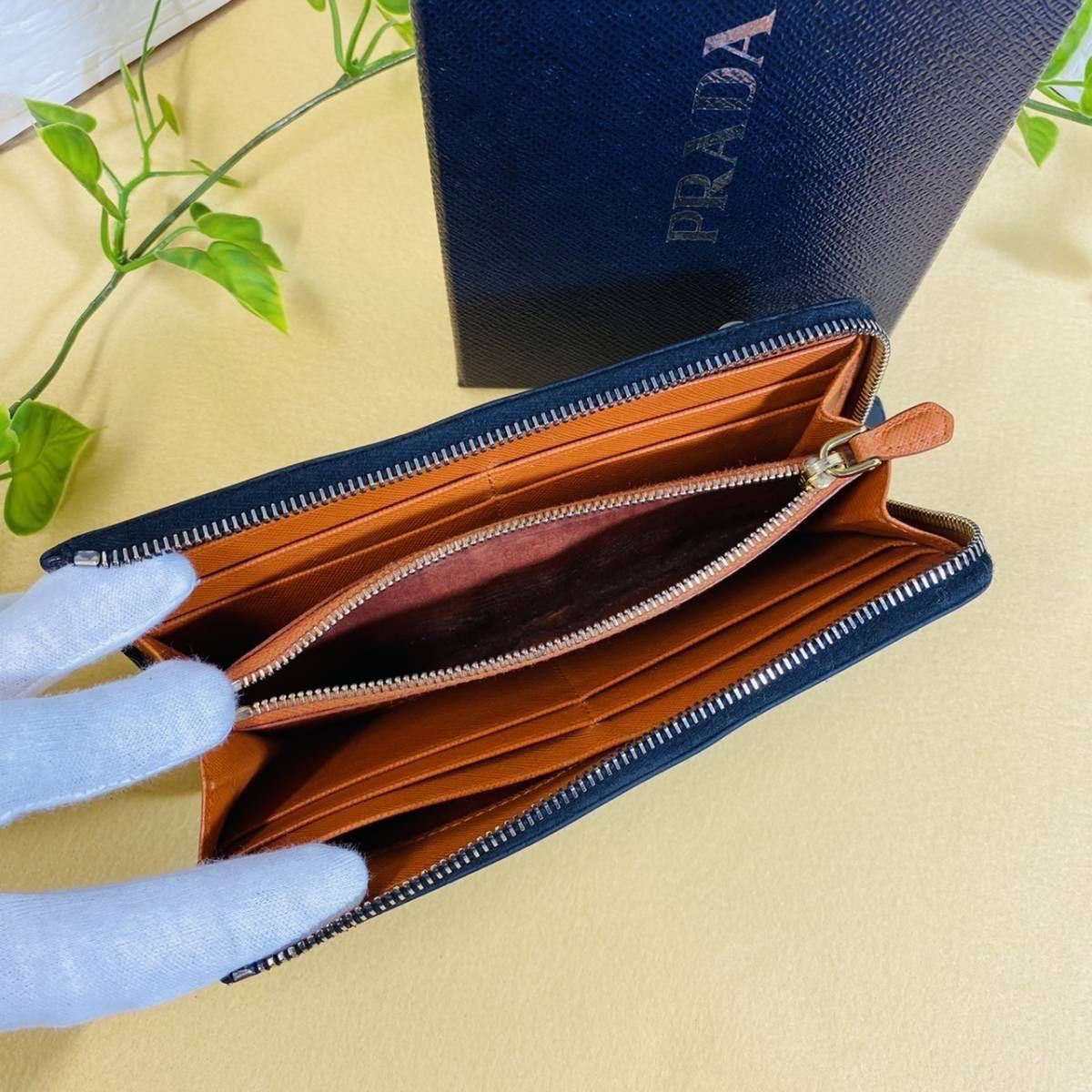 美品】PRADA プラダ サフィアーノ 黒 橙 ブラック オレンジ 長財布 L字 