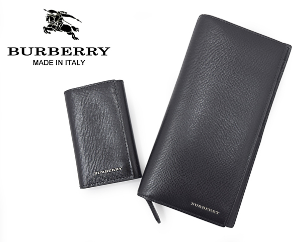 新品同様 総額8万円 メインライン イタリア製 バーバリー【BURBERRY】グレイニーレザー 長財布&キーケース 2点セット 黒/裏地チェック柄