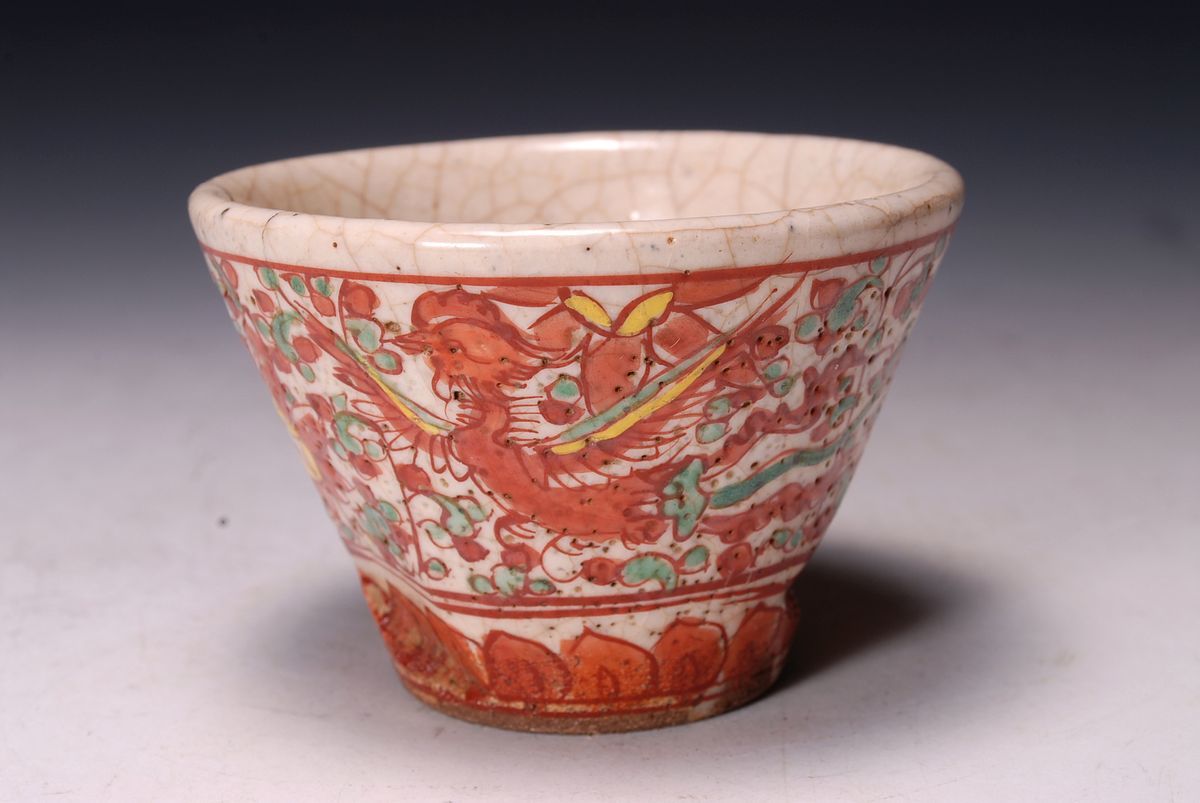 1694-3 江戸後期－明治期 古犬山焼 南京赤絵 汲出 ぐい呑 湯呑 鳳凰図