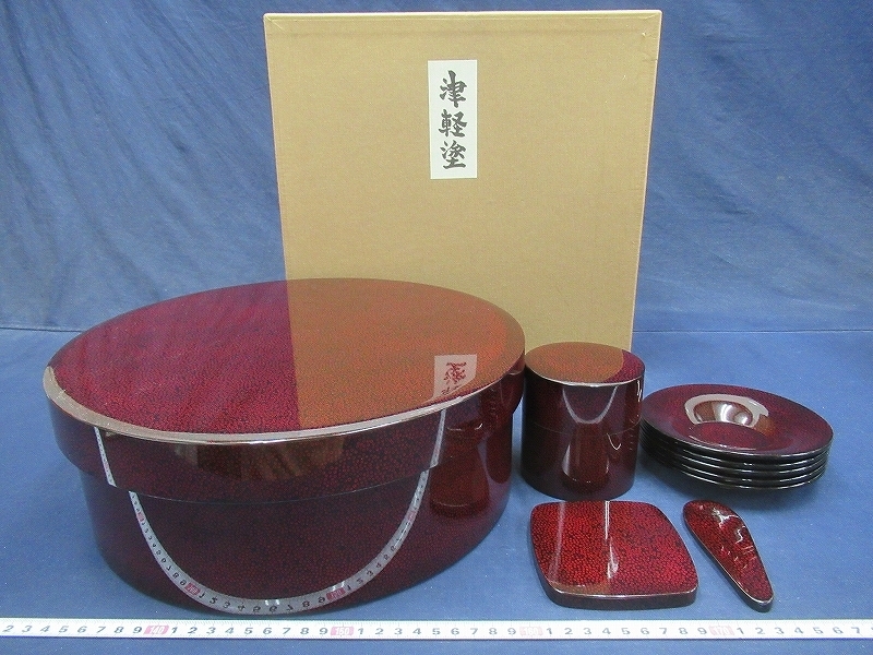 D2489 津軽塗 七々子塗 茶器揃 茶櫃 茶筒 茶托 急須台 茶匙 木製漆器