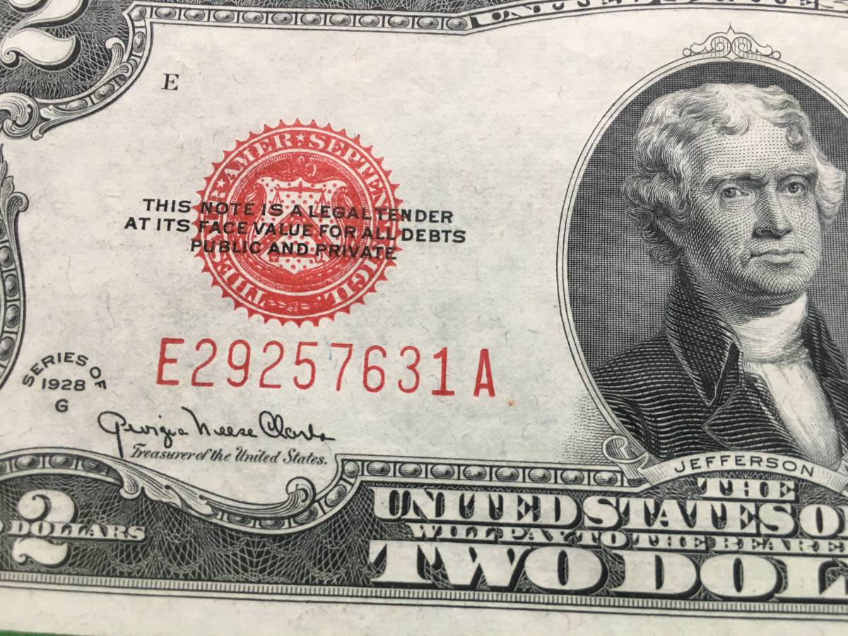 1928年 レッドシール アメリカ 2ドル札 $2紙幣 ラッキー 新札 昭和3年